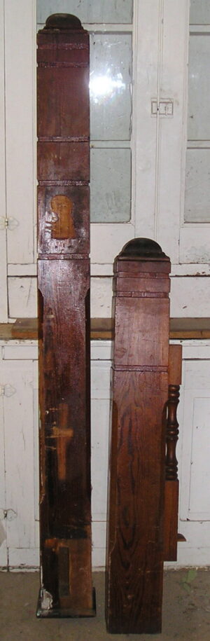 Set of 2 Victorian Fir Newel Posts and One-of-a-Kind Balustrade